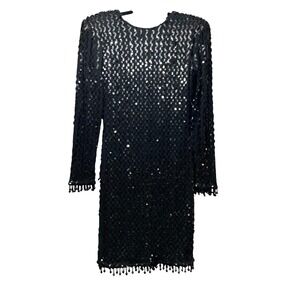 Vintage‎ Climax David Howard Black Sequin Dress 7/8 Long Sleeve Party Cocktail
